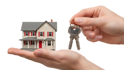 Hands holding house model and keys against a white background