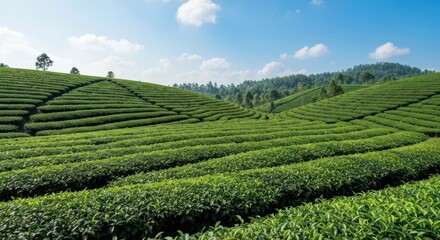 Naklejka premium Lush tea plantation terraced hills under a clear sky