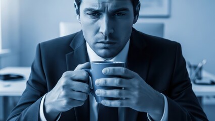 Focused Businessman in a Suit Holding a Coffee Mug with Intense Gaze