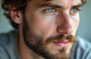 Obraz premium Man with beard and blue eyes looks sideways. Closeup of male face with stubble. He wears gray shirt, soft light creates depth. Adult model gazes thoughtfully.
