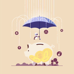 Artificial intelligence protects savings concept, robot holds an umbrella over a piggy bank in the rain, protection of savings and assets through technology and innovation, AI and finance