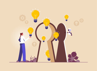 AI artificial intelligence technology to think and advice new idea, robot opening a door to see business vision, creativity to help see business opportunity, vision to discover new solution or idea