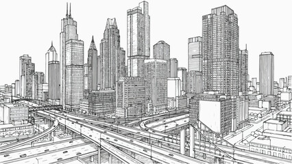 Detailed metropolitan skyline sketch featuring complex highway interchanges