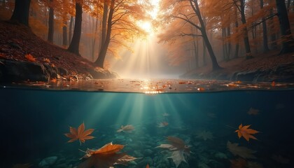 Autumn forest stream with floating leaves above clear water. Sun rays pierce through trees and mist onto forest floor. Underwater view shows submerged foliage and pebbles on riverbed.