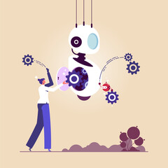 Building robots, learning and use technology on business, robot building technology, woman making cyborg with AI, hardware and programs, engineers programming bot