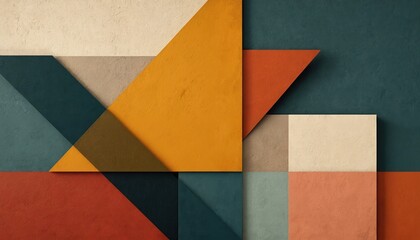 Fototapeta premium Geometric abstract shapes in earth tones create layered composition. Triangles, rectangles form angular blocks with textured surfaces. Modern graphic design background for various creative projects.