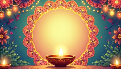 Diwali celebration border with oil lamps, flowers, and mandala pattern. Warm lights glow for festive invitation background. Joyful India holiday event.