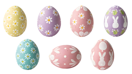 Easter eggs with floral and bunny designs in pastel colors