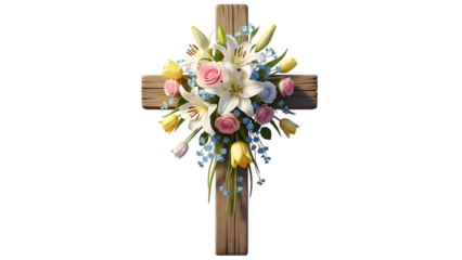 Easter cross with floral arrangement and tulips on black background