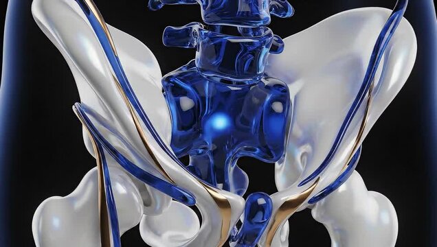 Detailed 3D Render of Human Pelvis and Spine with Highlighted Lumbar Region for Medical Study.
