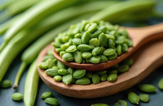 Green lamtoro seeds fill wooden spoon. Many raw petai cina beans spilled on table. Small oval legumes are ready for cooking. Healthy organic food ingredient.