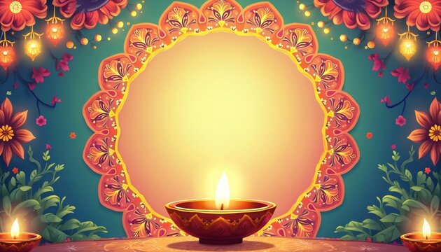 Diwali celebration border with oil lamps, flowers, and mandala pattern. Warm lights glow for festive invitation background. Joyful India holiday event.