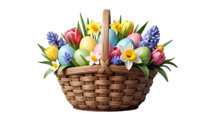 Vibrant easter basket filled with colorful tulips and spring flowers