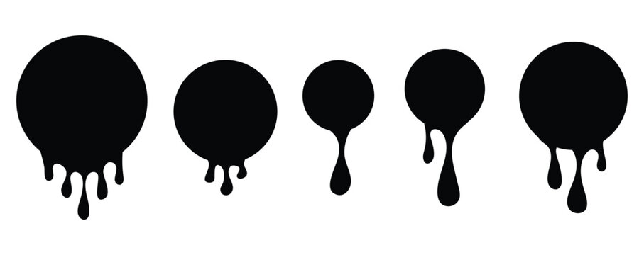 Black dripping liquid silhouettes and melting circle shapes, paint drip icons, ink splatter and splash collection, modern vector illustration set