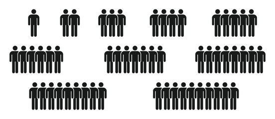 People 1, 2, 3, 4, 5, 6, 7, 8, 9, 10 icon set; crowd signs for participants, groups, and teams; population infographic silhouettes for organization, community, and audience membership
