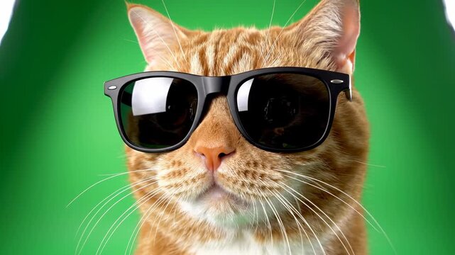 Studio shot of a confident ginger tabby cat sitting upright wearing classic reflective wayfarer sunglasses isolated on a solid chroma green screen background ginger, chroma key, feline