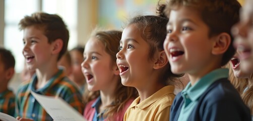 Obraz premium Children sing together in a music lesson. Kids joyfully perform a song in a classroom. Diverse pupils practice vocal skills, learning harmony and teamwork.
