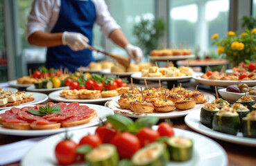 Obraz premium Chef arranges various appetizers, finger foods on table. Delicious cold cuts, stuffed peppers, cheeses, tartlets, foccacia, pizza prepared for party. Guests enjoy luxurious buffet with fresh