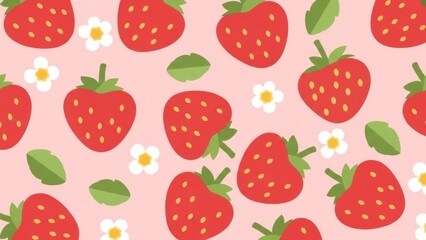 Vibrant strawberry pattern with flowers on pink background