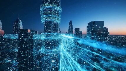 Futuristic cityscape with neon blue digital network connections - Powered by Adobe