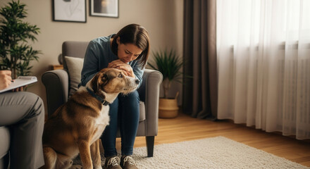 Woman finds comfort with her loyal dog during a therapy session, seeking emotional support and mental wellness.