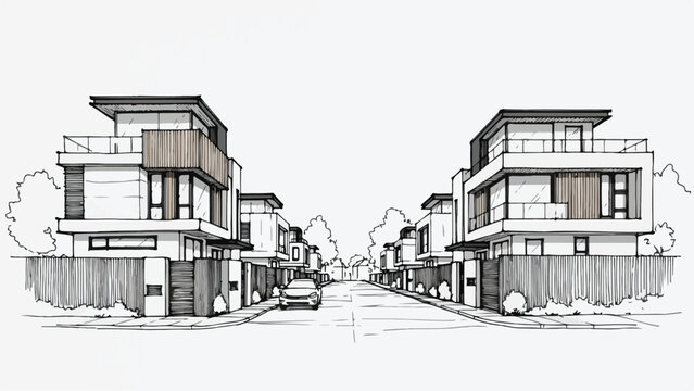 One point perspective of a modern residential street with luxury townhouses