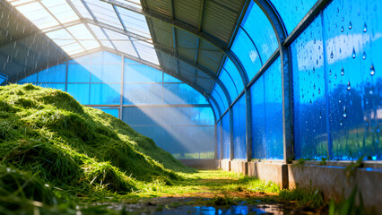 Large pile of freshly cut green grass stored inside a modern agricultural structure under diffused sunlight with visible rainfall on blue panels.