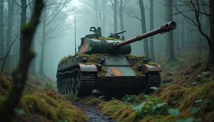 Old military tank rests in overgrown forest path. Moss covers rusted metal. Trees and fog create somber mood. Nature reclaims abandoned war machine.