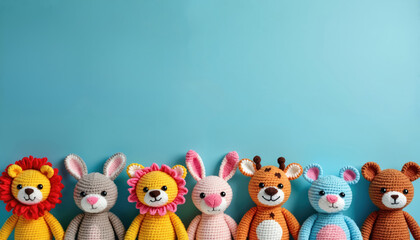 Obraz premium Group of six colorful crochet animals including lions rabbits giraffe, bear sit together on blue backdrop. Handmade plush toys pose playfully in studio with soft bright lighting, cheerful atmosphere.