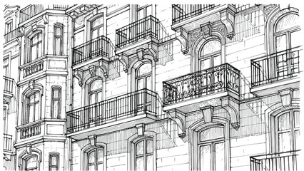 Obraz premium Close up architectural detail of an ornate historic building with iron balconies