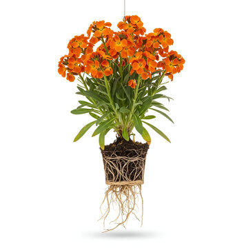 Mature wallflower plant with roots and dense orange blooms