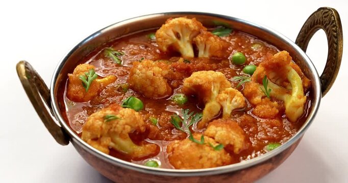 indian spicy food Gobi Masala or gobi fry or cauliflower curry with green peas, served in a bowl, selective focus