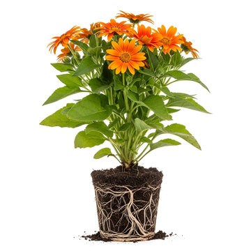 Mature tithonia plant with roots and large orange daisy flowers