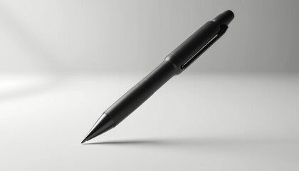 Modern matte black pen angled on blank white surface. Minimalist writing tool for office, school or creative work. Simple stationery object.