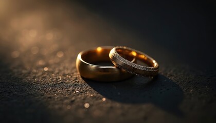 Golden wedding rings gleam on dark surface. One band is plain, the other studded with tiny gems. Sunlight catches sparkle, symbolizing eternal love.
