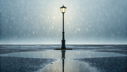 Rain soaked urban reflection. streetlamp stands alone, reflecting on wet surface during rainfall, creating serene atmosphere
