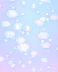 3D render pastel gradient sky with stars, bubbles, and clouds.