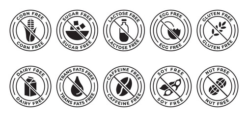 Set of food allergy free badges and organic product icons; gluten free, sugar free, and dairy free labels; black minimalist vector illustration collection