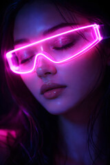 Futuristic portrait of a woman with glowing pink neon glasses, expressing cyberpunk fashion, technology, and digital identity..