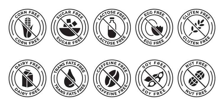 Set of food allergy free badges and organic product icons; gluten free, sugar free, and dairy free labels; black minimalist vector illustration collection