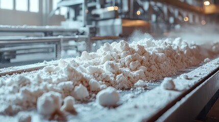 A close-up shot captures the intricate dance of flour production within a bustling factory's manufacturing process 
