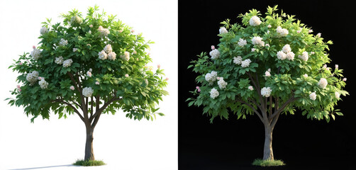 Obraz premium Leafless tree with white flowers, green foliage stands isolated on white, black backgrounds. This plant illustration includes transparent cutouts for easy integration into various design projects.