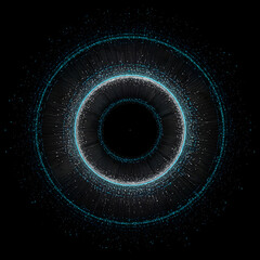 Futuristic digital halo with data nodes forming a radial pattern on black background