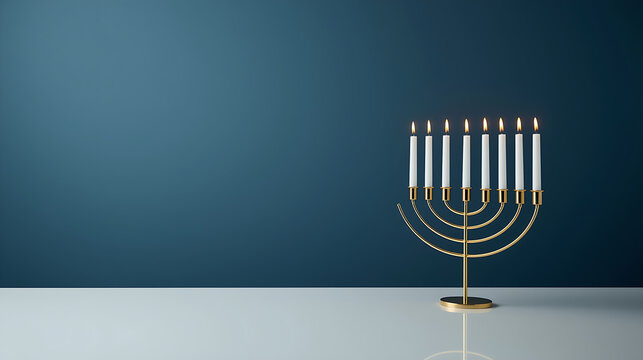 A minimalist studio photograph features a golden menorah with nine lit white candles on a clean white tabletop. Positioned on the right, it leaves considerable empty space on the left, against a smoot