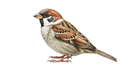 Fototapeta premium Side view of a small bird, likely a Eurasian Tree Sparrow, with a rich brown and tan plumage