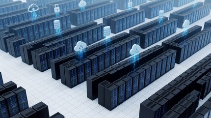 A detailed description of a modern data center with rows of server racks and glowing digital icons representing cloud computing and data security.