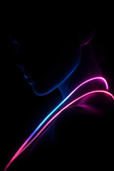 Abstract human silhouette outlined with neon light against a dark background, symbolizing identity, technology, and mystery..