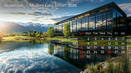 Modern lake resort view with calendar concept of Popular Vacation Destinations Calendar for 2026. November  