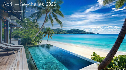 Scenic beachfront view with palm trees and infinity pool in Seychelles April 2026  Concept of Popular Vacation Destinations. Calendar for 2026