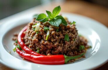 Thai Northeastern beef salad Koi Neua, spicy red chili peppers, fresh mint, herbs, and minced beef served on white plate. Delicious spicy asian food close-up preparation.